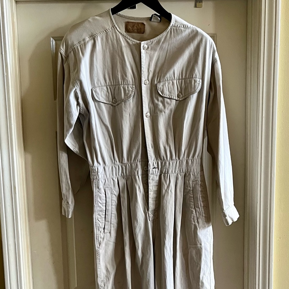 Vintage Liz Wear by Liz Claiborne Khaki Button Front Coverall with Shoulder Pads